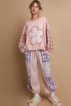 Load image into Gallery viewer, POL OVERSIZED Ribbed Knit and Plaid Top with Front and Back Flower Patch in Rose Pink
