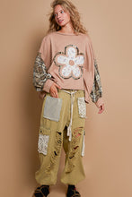 Load image into Gallery viewer, POL OVERSIZED Ribbed Knit and Plaid Top with Front and Back Flower Patch in Mocha
