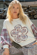 Load image into Gallery viewer, POL OVERSIZED Ribbed Knit and Plaid Top with Front and Back Flower Patch in Cream
