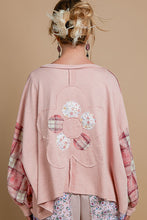 Load image into Gallery viewer, POL OVERSIZED Ribbed Knit and Plaid Top with Front and Back Flower Patch in Rose Pink
