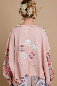 POL OVERSIZED Ribbed Knit and Plaid Top with Front and Back Flower Patch in Rose Pink