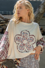 Load image into Gallery viewer, POL OVERSIZED Ribbed Knit and Plaid Top with Front and Back Flower Patch in Cream
