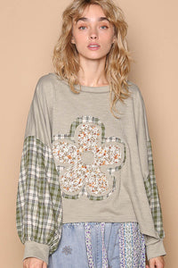 POL OVERSIZED Ribbed Knit and Plaid Top with Front and Back Flower Patch in Dusky Sage