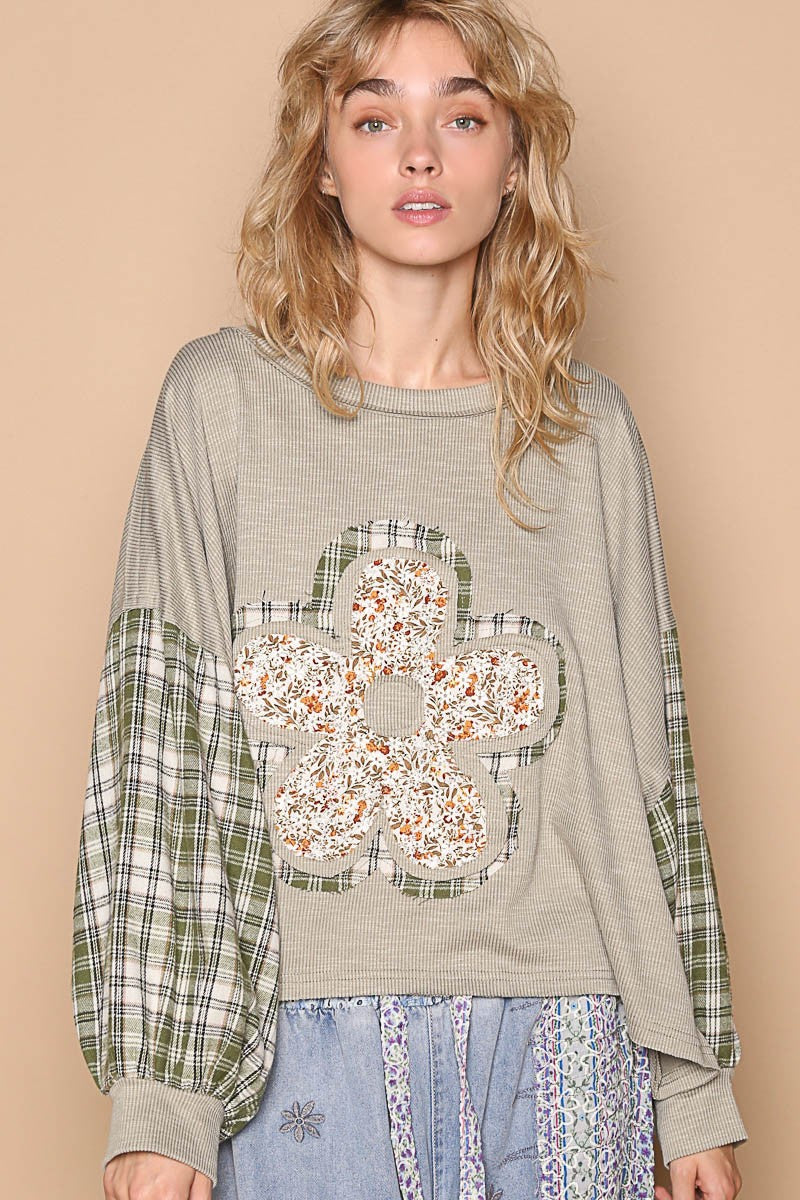 POL OVERSIZED Ribbed Knit and Plaid Top with Front and Back Flower Patch in Dusky Sage