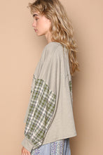 Load image into Gallery viewer, POL OVERSIZED Ribbed Knit and Plaid Top with Front and Back Flower Patch in Dusky Sage
