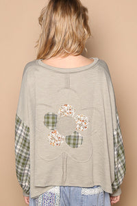 POL OVERSIZED Ribbed Knit and Plaid Top with Front and Back Flower Patch in Dusky Sage