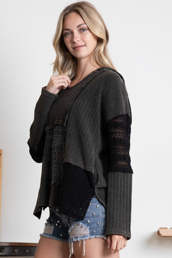 BlueVelvet Multi Fabric Lace Inset Hooded Top in Black