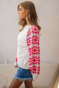 Davi & Dani Solid Color Knit Sweater Top with Long Crochet Sleeves in White Shirts & Tops Davi & Dani   