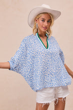Load image into Gallery viewer, BiBi OVERSIZED Leopard Print Woven Top with Contrasting Striped Collar in Blue
