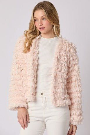 Peach Love Open Front Fur Jacket in Baby Pink