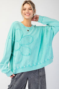 Easel Terry Knit Top with Flower Patch in Seafoam