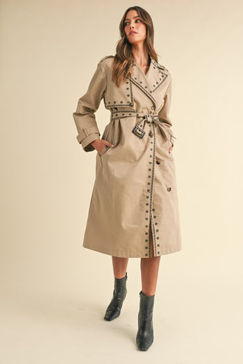 MABLE  Embroidered Trench Coat in Taupe