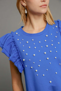 Umgee French Terry Knit Top with Pearl Details in Sapphire