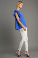 Umgee French Terry Knit Top with Pearl Details in Sapphire FINAL SALE
