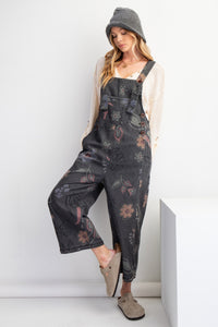 Easel Washed Floral Print Jumpsuit in Black Denim