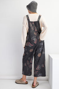 Easel Washed Floral Print Jumpsuit in Black Denim