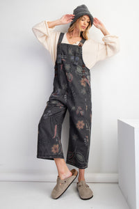 Easel Washed Floral Print Jumpsuit in Black Denim