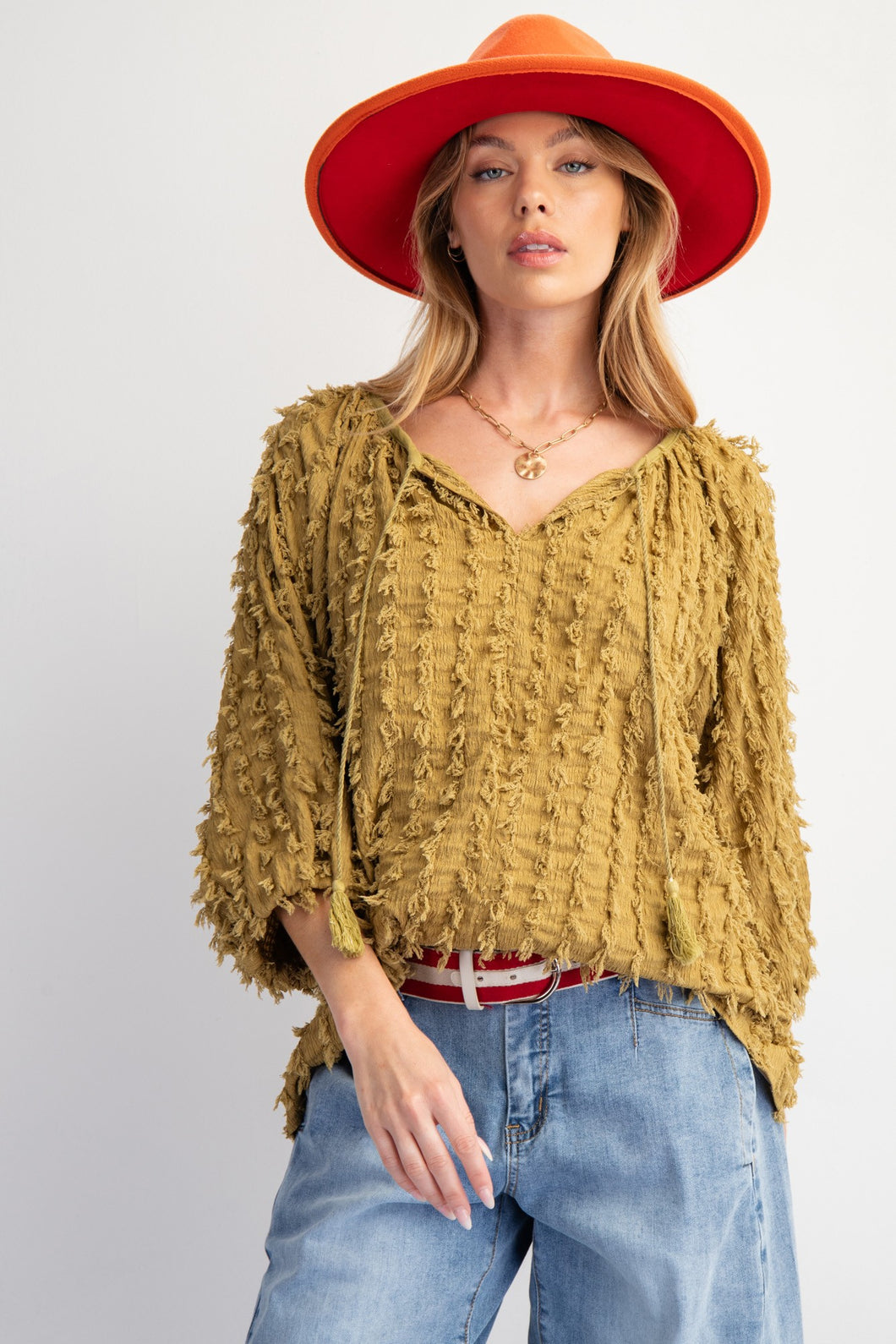 Easel Solid Color Textured and Frayed Top in Light Olive