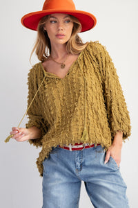 Easel Solid Color Textured and Frayed Top in Light Olive