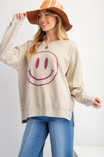 Load image into Gallery viewer, Easel Terry Knit Pullover Top with Smiley Face on Front in Khaki
