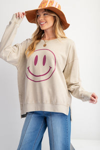 Easel Terry Knit Pullover Top with Smiley Face on Front in Khaki