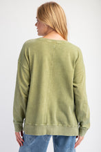 Load image into Gallery viewer, Easel Terry Knit Pullover Top with Smiley Face on Front in Olive Green
