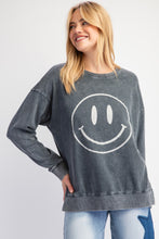 Load image into Gallery viewer, Easel Terry Knit Pullover Top with Smiley Face on Front in Smoke
