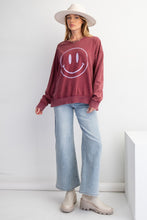 Load image into Gallery viewer, Easel Terry Knit Pullover Top with Smiley Face on Front in Plum
