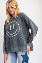 Load image into Gallery viewer, Easel Terry Knit Pullover Top with Smiley Face on Front in Smoke
