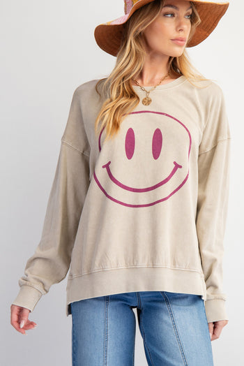 Easel Terry Knit Pullover Top with Smiley Face on Front in Khaki