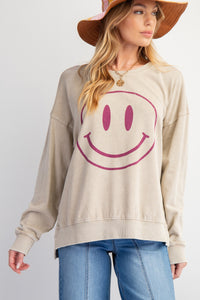 Easel Terry Knit Pullover Top with Smiley Face on Front in Khaki