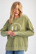 Load image into Gallery viewer, Easel Terry Knit Pullover Top with Smiley Face on Front in Olive Green
