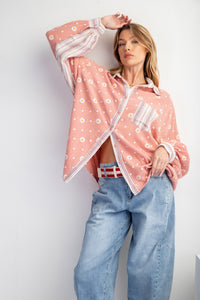 Easel Floral Print Button Down Top in Dried Rose