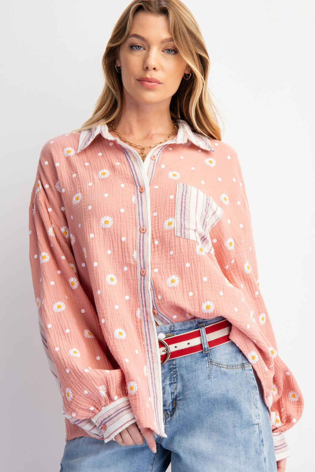 Easel Floral Print Button Down Top in Dried Rose