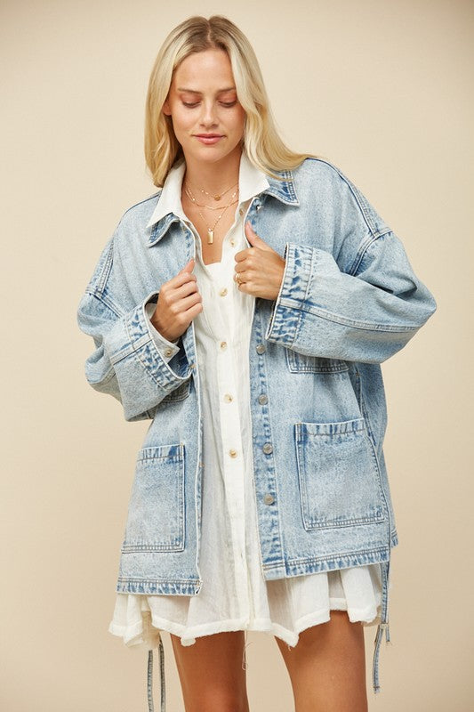 Wisteria Lane OVERSIZED Denim Jacket with Side Ties in Light Denim