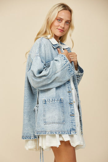 Wisteria Lane OVERSIZED Denim Jacket with Side Ties in Light Denim ON ORDER