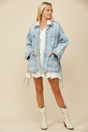 Wisteria Lane OVERSIZED Denim Jacket with Side Ties in Light Denim ON ORDER
