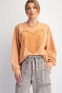 Easel Studded Heart Patch Top in Apricot