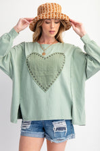 Load image into Gallery viewer, Easel Studded Heart Patch Top in Sage
