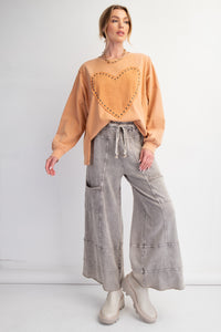 Easel Studded Heart Patch Top in Apricot