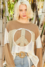 Load image into Gallery viewer, POL OVERSIZED Solid Knit and Open Knit Crochet Top with Peace Sign Patch in Khaki Multi
