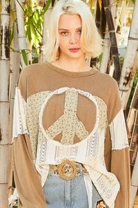 POL OVERSIZED Solid Knit and Open Knit Crochet Top with Peace Sign Patch in Khaki Multi