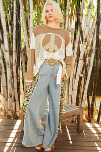 POL OVERSIZED Solid Knit and Open Knit Crochet Top with Peace Sign Patch in Khaki Multi