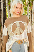 Load image into Gallery viewer, POL OVERSIZED Solid Knit and Open Knit Crochet Top with Peace Sign Patch in Khaki Multi
