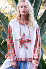 Load image into Gallery viewer, POL Tie Dyed Thermal Knit Top with Contrasting Plaid Sleeves and Star Patch in Cream Multi
