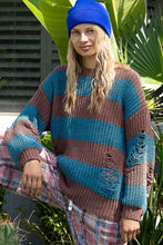 Load image into Gallery viewer, POL Chenille Striped Distressed Sweater in Choco/Teal
