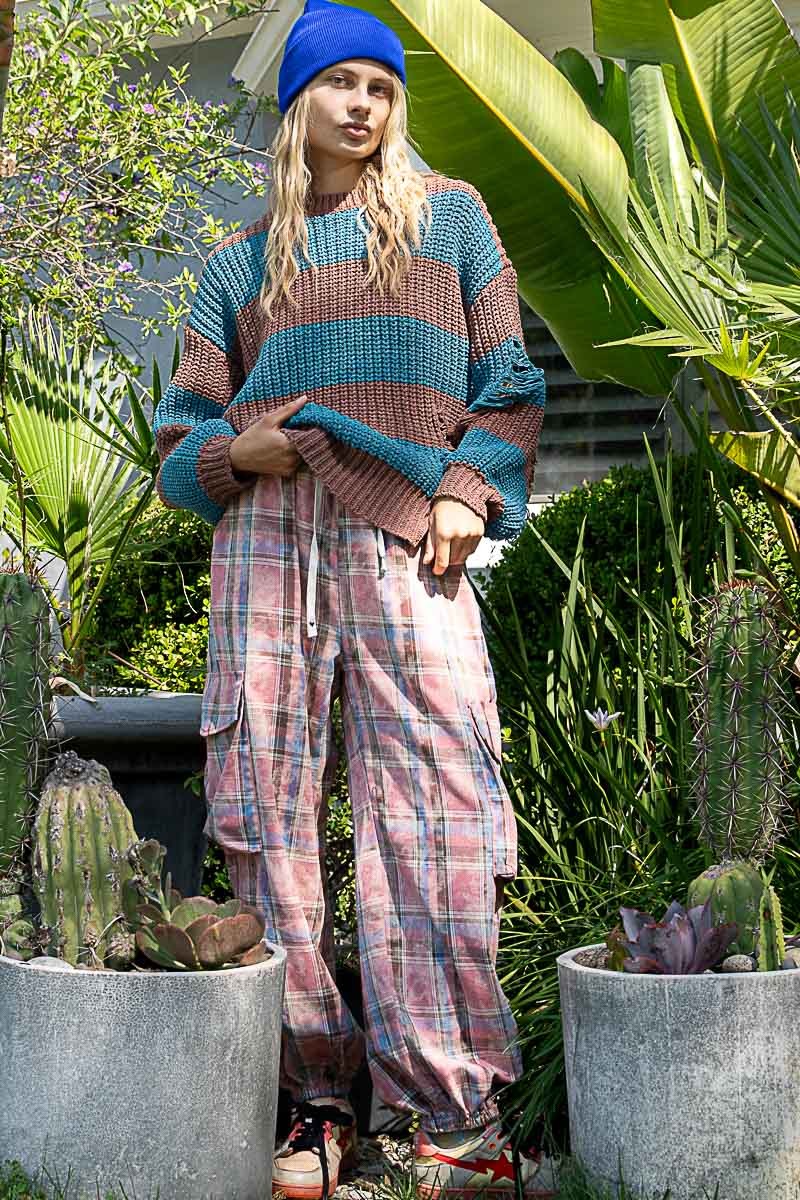 サルセーションwear Mesh Knit Top カラーBlueDenim POL Chenille Striped Distressed Sweater in Choco/Teal FINAL SALE