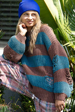 Load image into Gallery viewer, POL Chenille Striped Distressed Sweater in Choco/Teal
