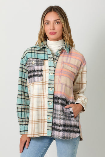 Mystree Mixed paid Color Block Shacket in Ivory/Oat