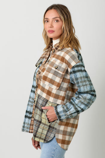 Mystree Mixed paid Color Block Shacket in Toffee/Blue